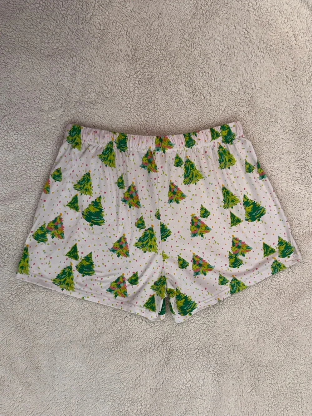 Women’s colorful confetti Holiday Tree Print Lounge Shorts, Size XS